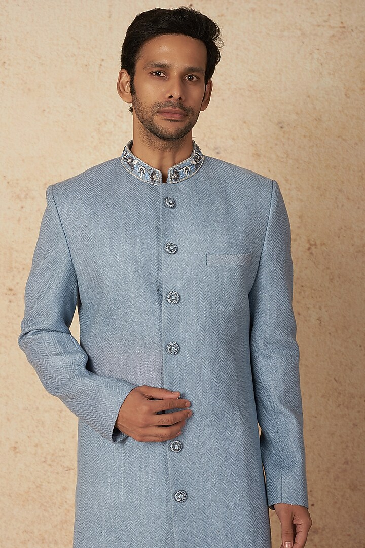 Pastel Blue Silk Wedding Sherwani Set by Nero by Shaifali & Satya at Pernia's Pop Up Shop