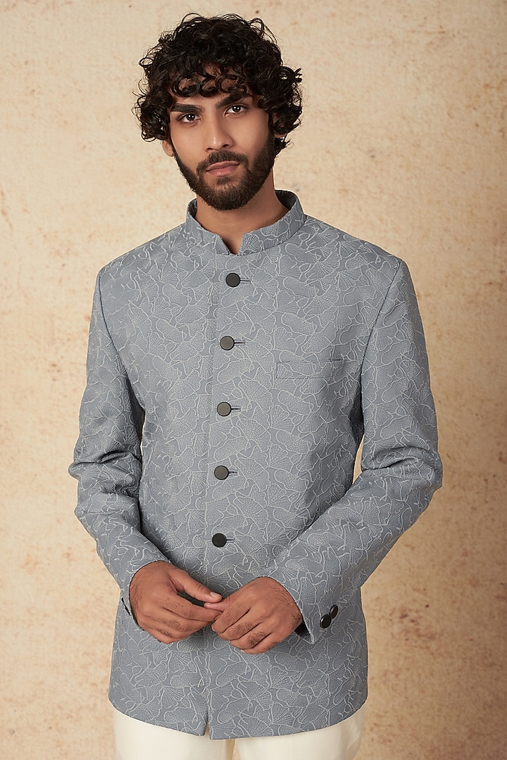 Grey Embroidered Fabric Jodhpuri Set by Nero by Shaifali & Satya at Pernia's Pop Up Shop