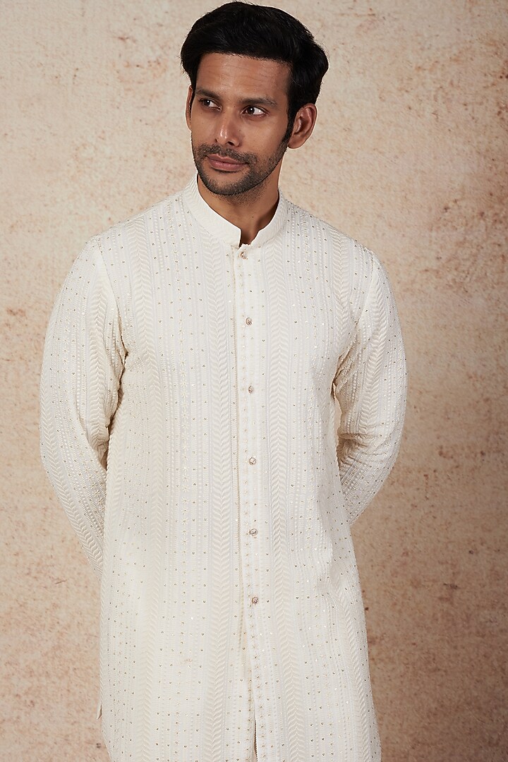 Ivory Lucknowi Open Kurta Set by Nero by Shaifali & Satya at Pernia's Pop Up Shop