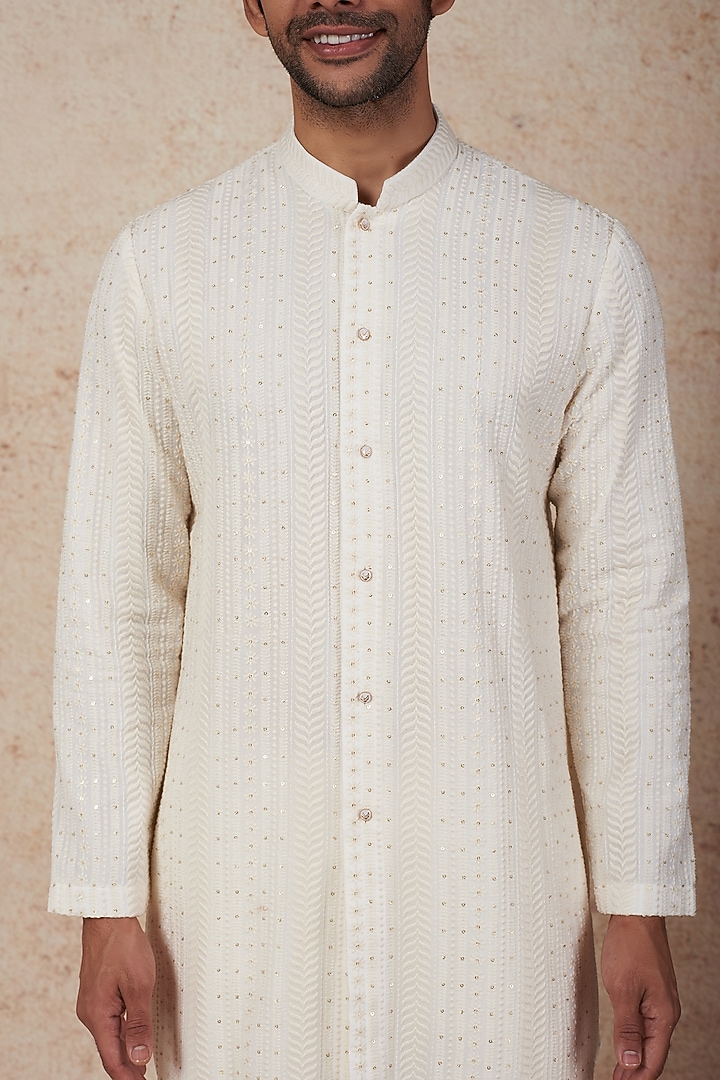 Ivory Lucknowi Open Kurta Set by Nero by Shaifali & Satya at Pernia's Pop Up Shop