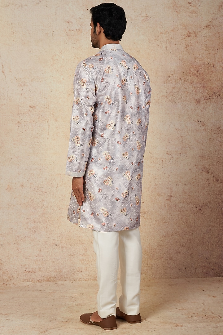 Grey Silk Floral Printed Kurta Set by Nero by Shaifali & Satya at Pernia's Pop Up Shop