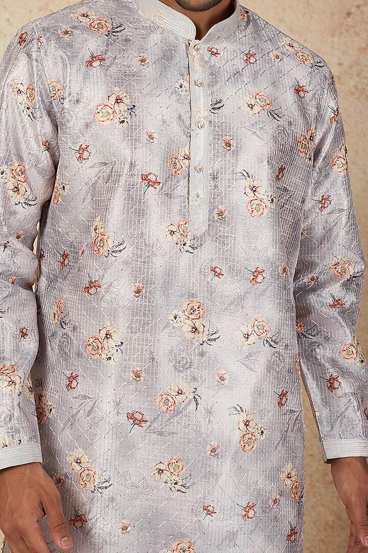Grey Silk Floral Printed Kurta Set by Nero by Shaifali & Satya at Pernia's Pop Up Shop