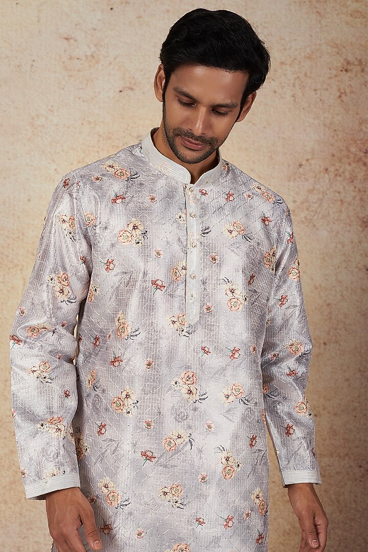 Grey Silk Floral Printed Kurta Set by Nero by Shaifali & Satya at Pernia's Pop Up Shop