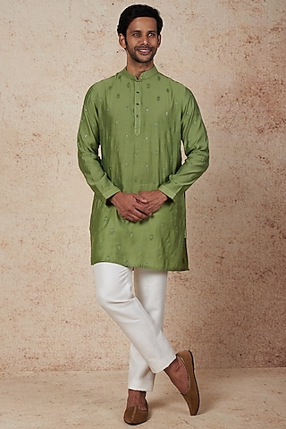 Green Silk Embroidered Kurta Set by Nero by Shaifali & Satya