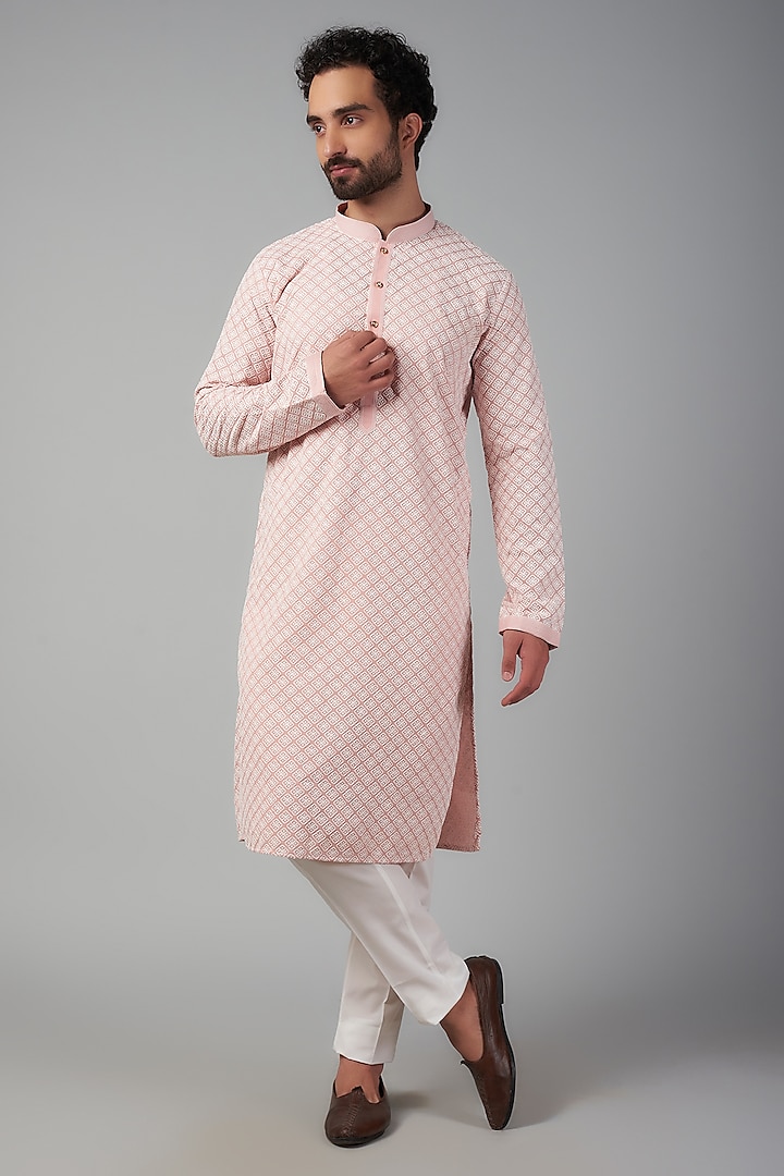 Pink Cotton Lucknowi Kurta Set by Nero by Shaifali & Satya