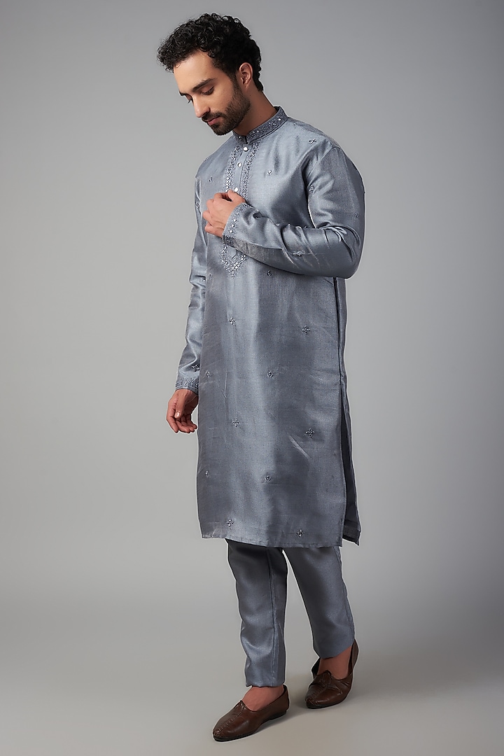 Grey Silk Mirror Embroidered Kurta Set by Nero by Shaifali & Satya