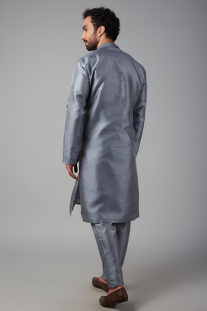 Grey Silk Mirror Embroidered Kurta Set by Nero by Shaifali & Satya at Pernia's Pop Up Shop