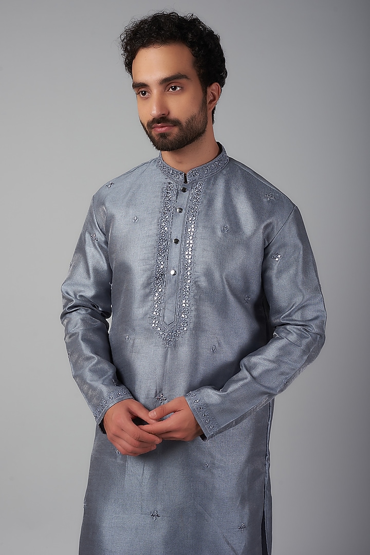 Grey Silk Mirror Embroidered Kurta Set by Nero by Shaifali & Satya at Pernia's Pop Up Shop