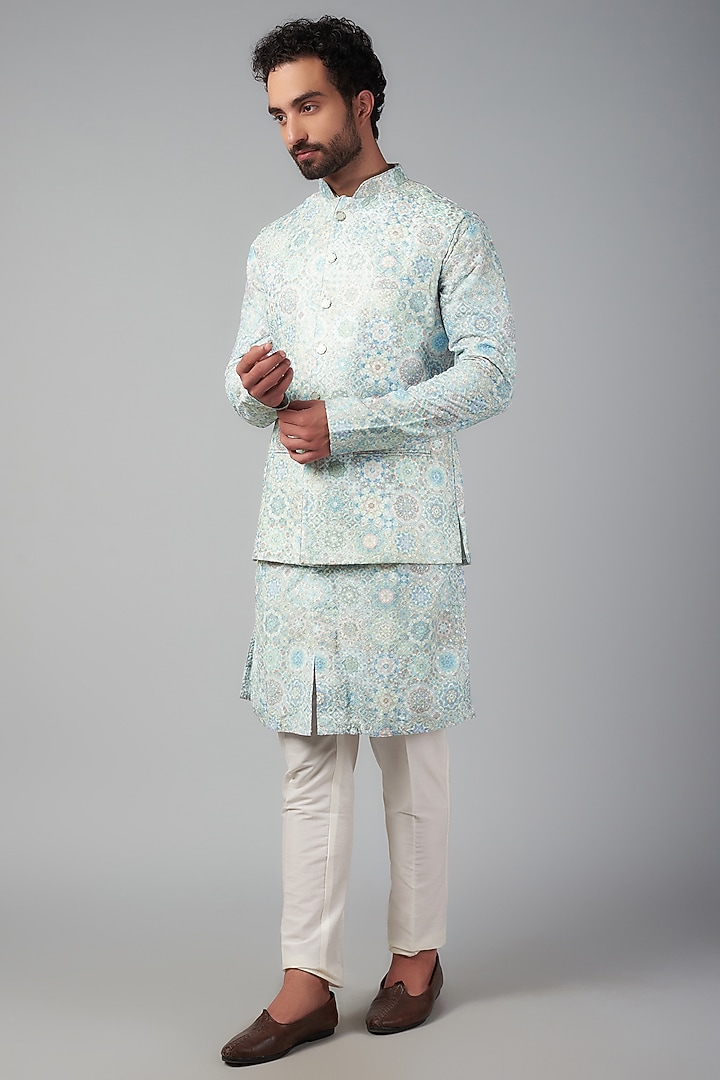 Blue Cotton Thread Embroidered & Digital Printed Bundi Jacket Set by Nero by Shaifali & Satya at Pernia's Pop Up Shop