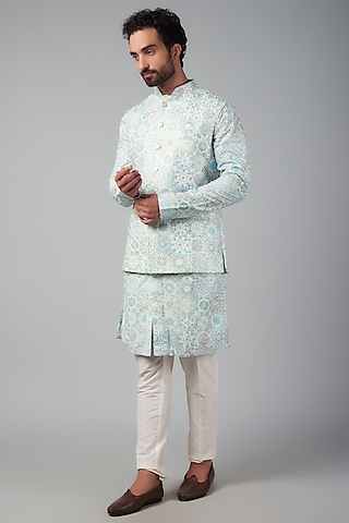 Blue Cotton Thread Embroidered & Digital Printed Bundi Jacket Set by Nero by Shaifali & Satya