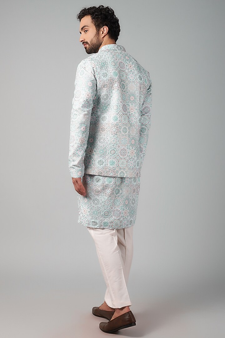 Blue Cotton Thread Embroidered & Digital Printed Bundi Jacket Set by Nero by Shaifali & Satya at Pernia's Pop Up Shop
