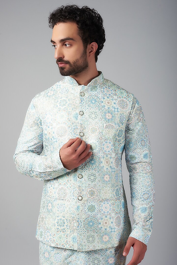 Blue Cotton Thread Embroidered & Digital Printed Bundi Jacket Set by Nero by Shaifali & Satya at Pernia's Pop Up Shop