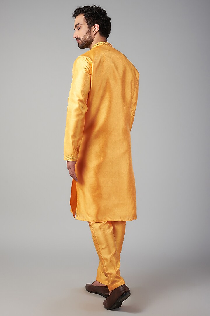 Yellow Silk Mirror Embroidered Kurta Set by Nero By Shaifali & Satya at Pernia's Pop Up Shop