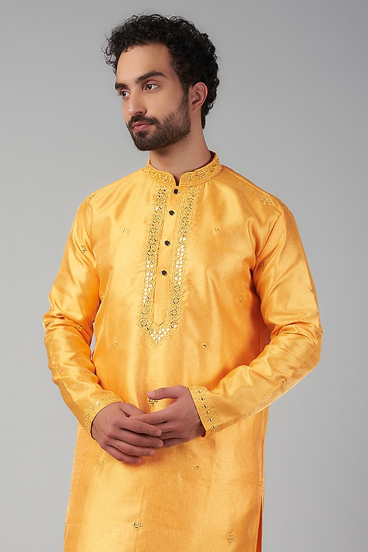 Yellow Silk Mirror Embroidered Kurta Set by Nero By Shaifali & Satya at Pernia's Pop Up Shop
