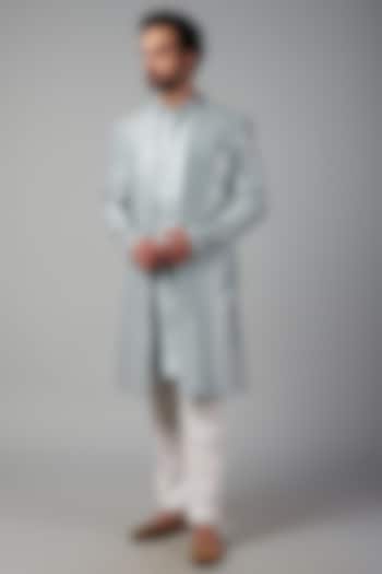 Ice Blue Dupion Silk Hand Embroidered Wedding Indowestern Set by Nero by Shaifali & Satya at Pernia's Pop Up Shop