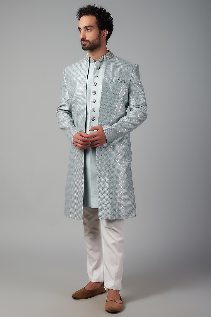 Ice Blue Dupion Silk Hand Embroidered Wedding Indowestern Set by Nero by Shaifali & Satya at Pernia's Pop Up Shop