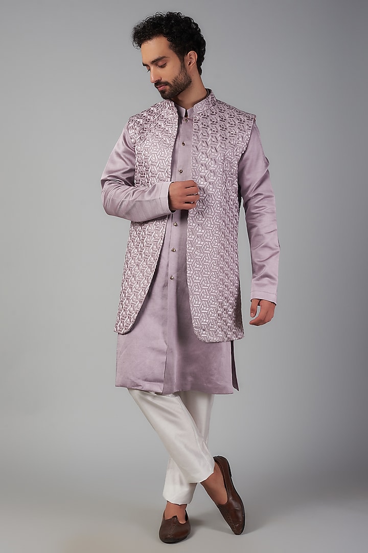 Lilac Dupion Silk Thread Embroidered Indowestern Set by Nero by Shaifali & Satya