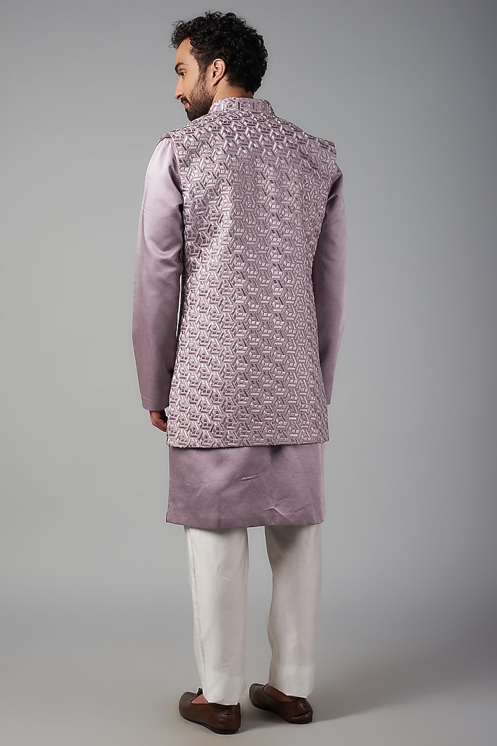 Lilac Dupion Silk Thread Embroidered Wedding Indowestern Set by Nero by Shaifali & Satya at Pernia's Pop Up Shop