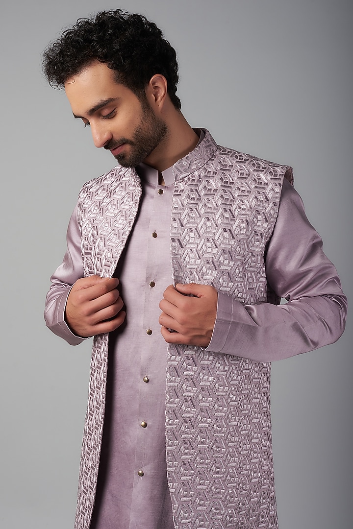 Lilac Dupion Silk Thread Embroidered Wedding Indowestern Set by Nero by Shaifali & Satya at Pernia's Pop Up Shop