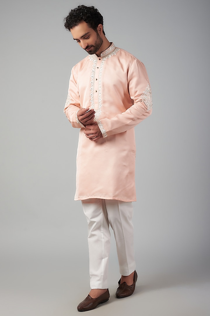 Peach Dupion Silk Thread Embroidered Kurta Set by Nero by Shaifali & Satya at Pernia's Pop Up Shop