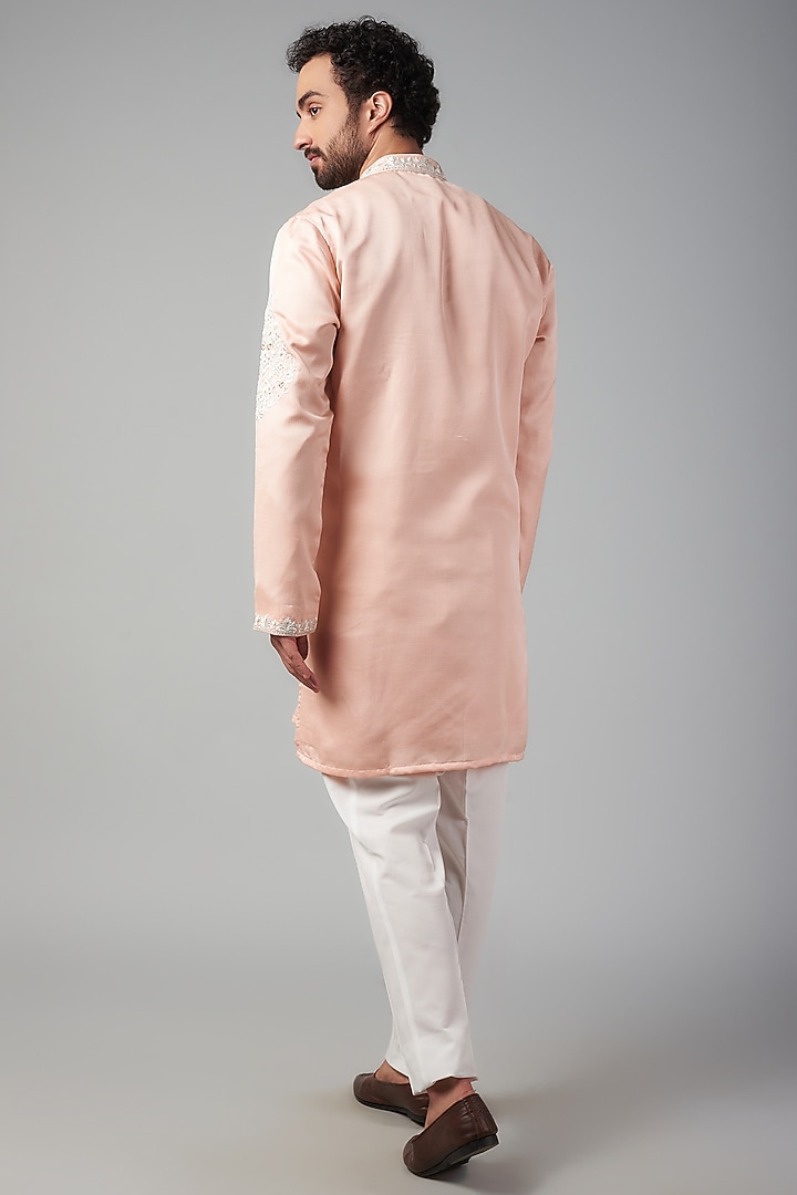Peach Dupion Silk Thread Embroidered Kurta Set by Nero by Shaifali & Satya at Pernia's Pop Up Shop