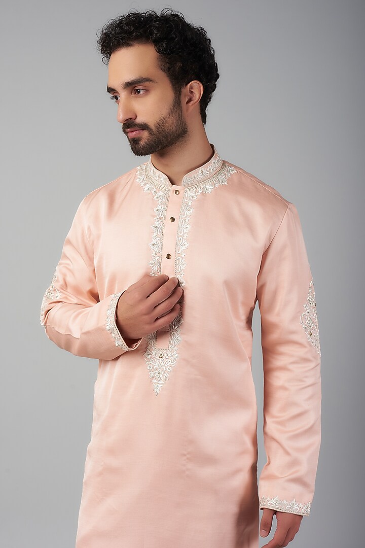 Peach Dupion Silk Thread Embroidered Kurta Set by Nero by Shaifali & Satya at Pernia's Pop Up Shop
