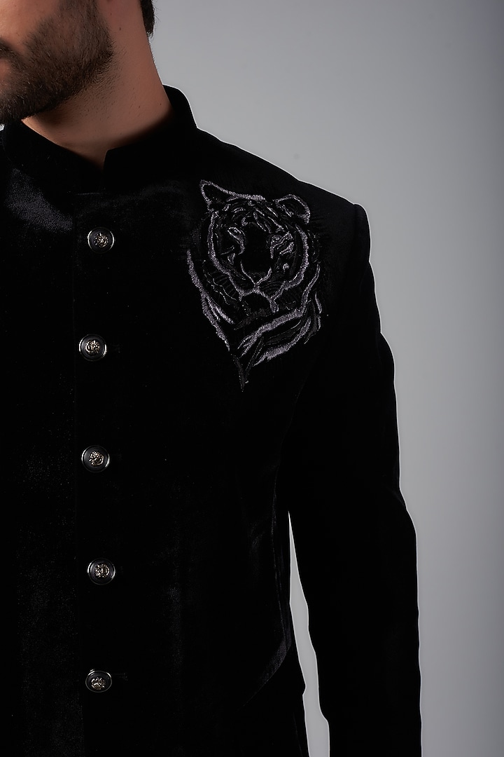 Black Velvet Thread Embroidered Jodhpuri Jacket Set by Nero by Shaifali & Satya at Pernia's Pop Up Shop