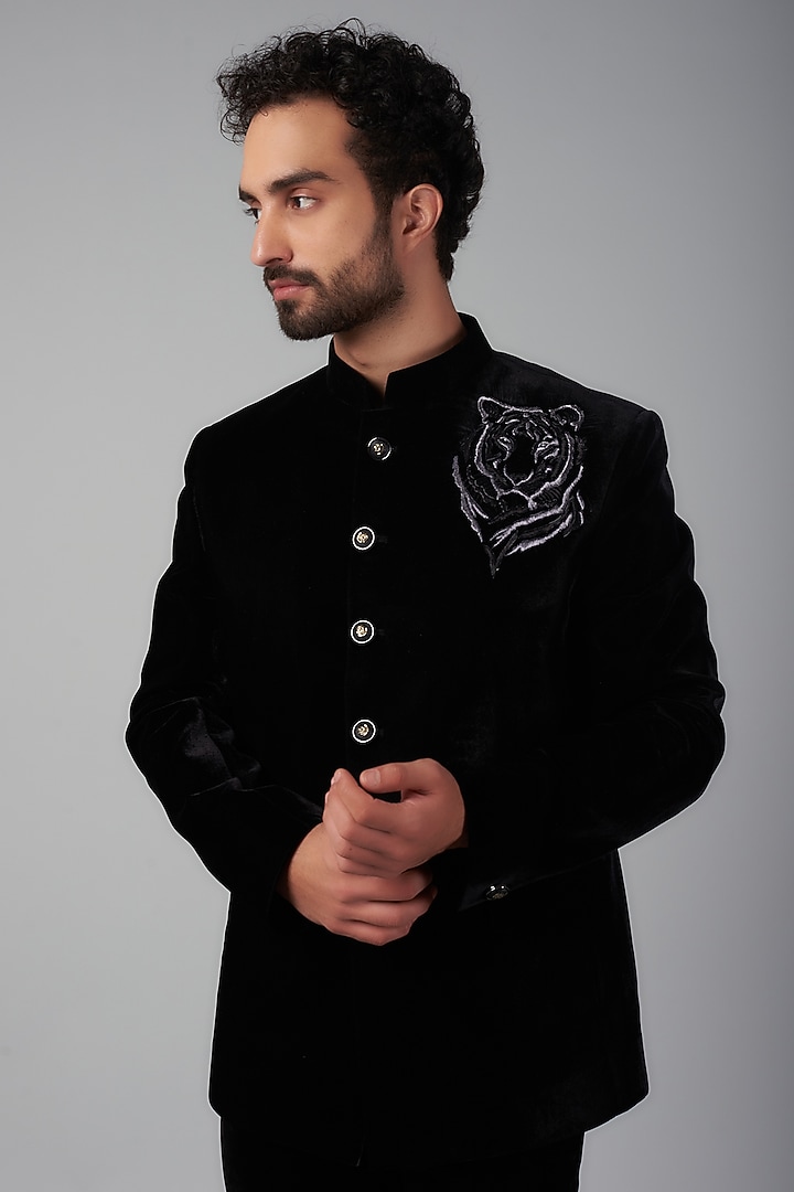 Black Velvet Thread Embroidered Jodhpuri Jacket Set by Nero by Shaifali & Satya at Pernia's Pop Up Shop