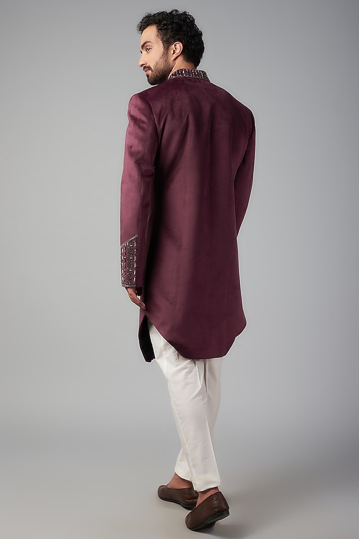 Wine Velvet Wedding Indowestern Jacket Set by Nero by Shaifali & Satya at Pernia's Pop Up Shop
