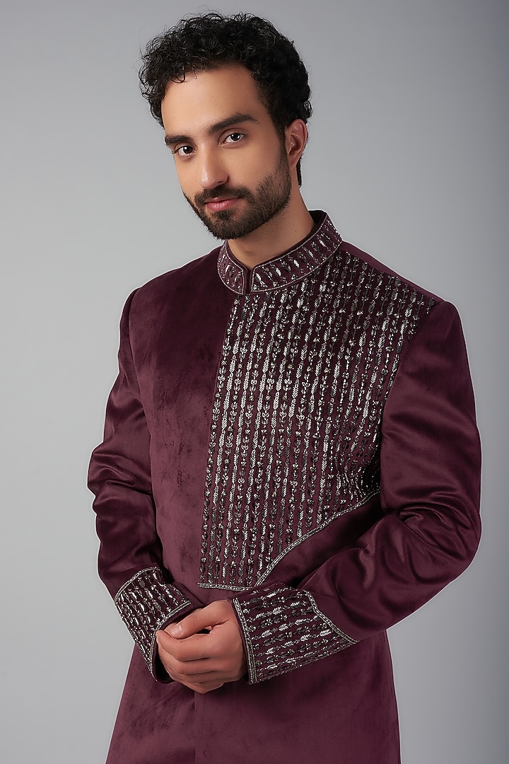 Wine Velvet Wedding Indowestern Jacket Set by Nero by Shaifali & Satya at Pernia's Pop Up Shop