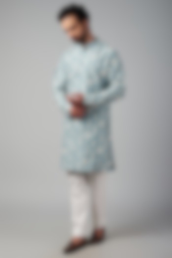 Blue Dupion Silk Thread Embroidered Kurta Set by Nero by Shaifali & Satya at Pernia's Pop Up Shop