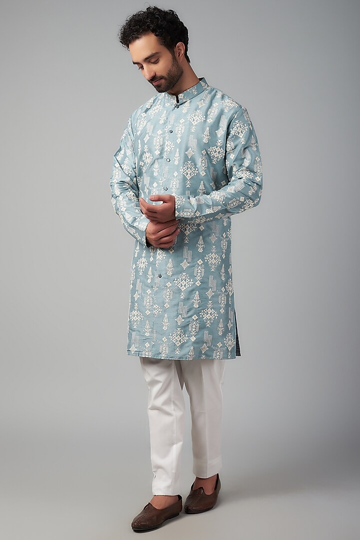 Blue Dupion Silk Thread Embroidered Kurta Set by Nero by Shaifali & Satya at Pernia's Pop Up Shop