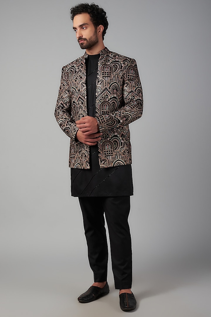 Black Velvet Thread Embroidered Wedding Indowestern Set by Nero by Shaifali & Satya at Pernia's Pop Up Shop