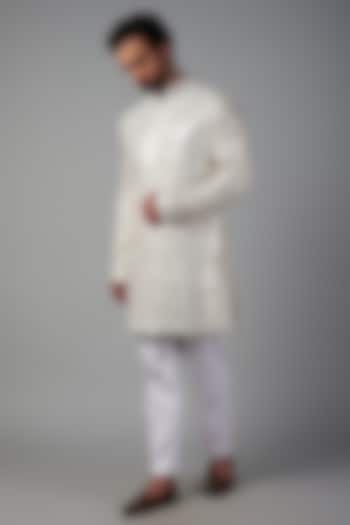 White Georgette Mirror Embroidered Sherwani Set by Nero by Shaifali & Satya