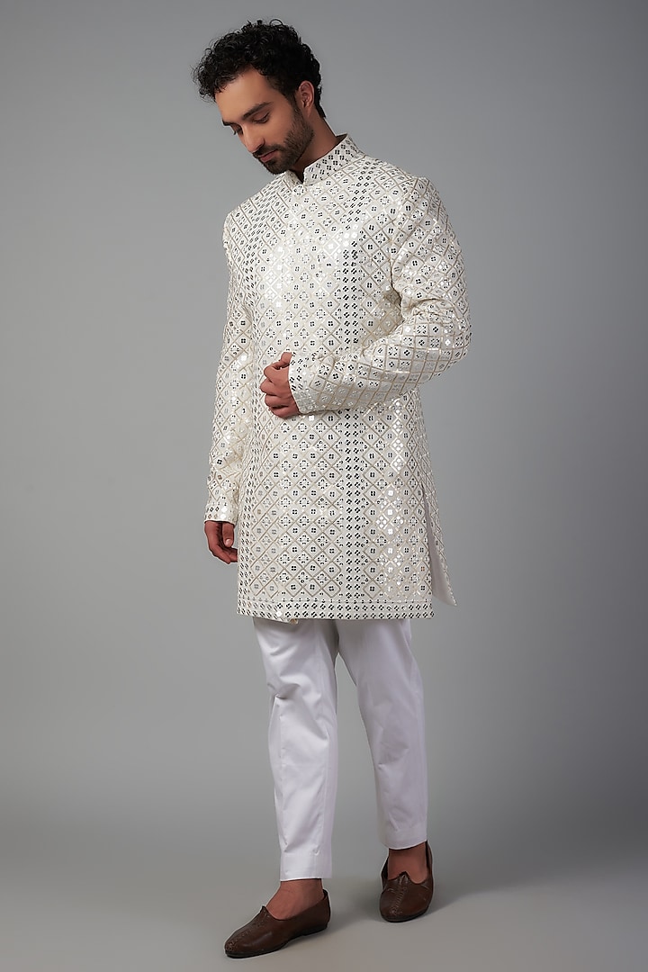 White Georgette Mirror Embroidered Sherwani Set by Nero by Shaifali & Satya