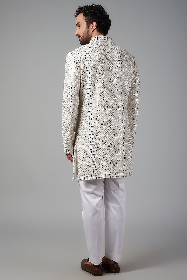 White Georgette Mirror Embroidered Wedding Sherwani Set by Nero by Shaifali & Satya at Pernia's Pop Up Shop