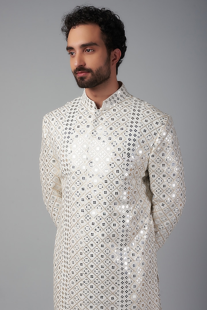 White Georgette Mirror Embroidered Wedding Sherwani Set by Nero by Shaifali & Satya at Pernia's Pop Up Shop
