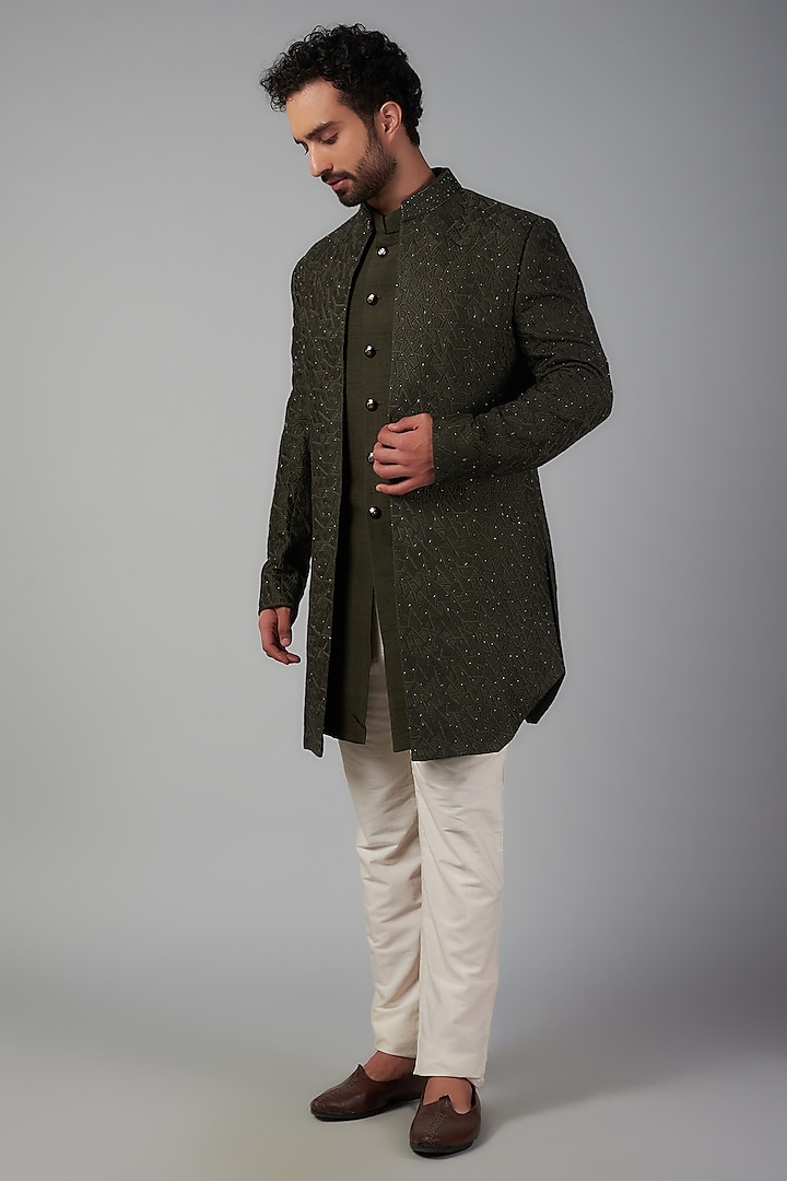 Olive Green Lucknowi Fabric Indowestern Set by Nero by Shaifali & Satya