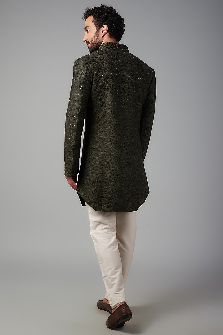 Olive Green Lucknowi Fabric Wedding Indowestern Set by Nero by Shaifali & Satya at Pernia's Pop Up Shop