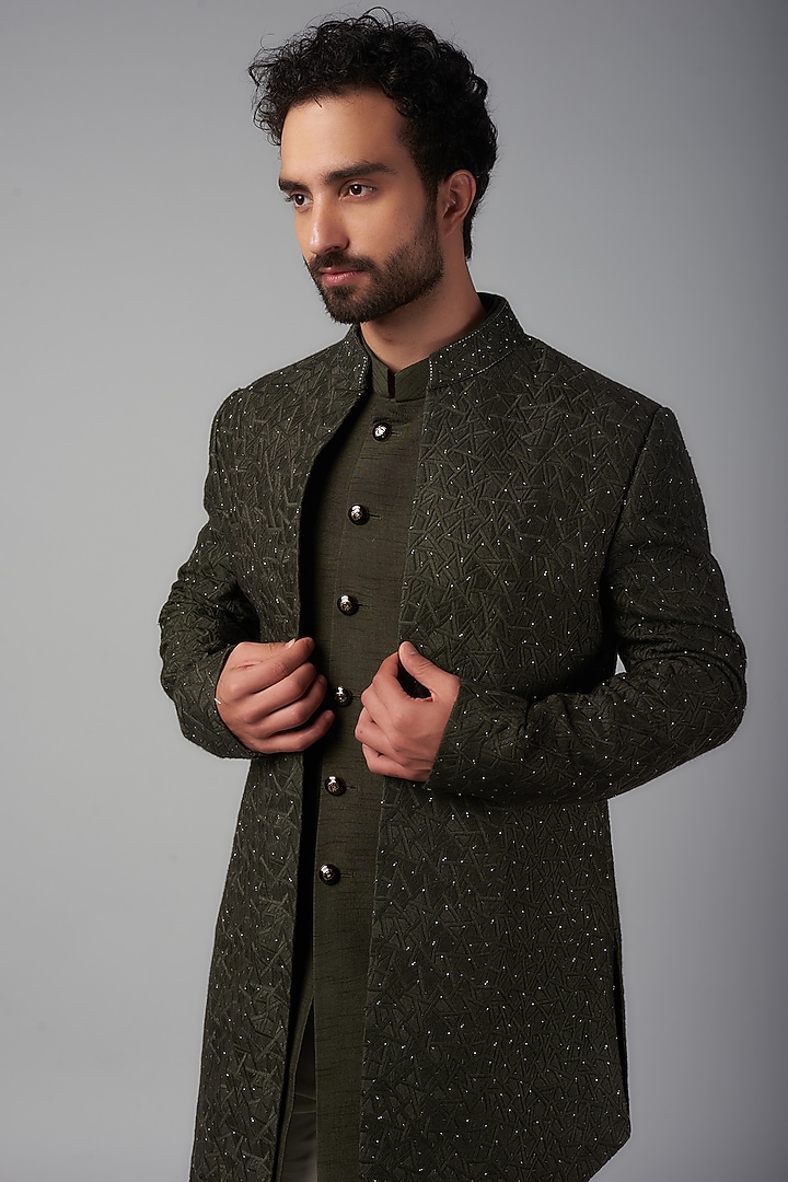 Olive Green Lucknowi Fabric Wedding Indowestern Set by Nero by Shaifali & Satya at Pernia's Pop Up Shop