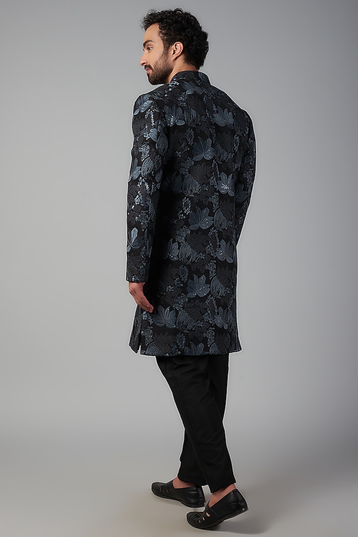 Black Suiting Fabric Thread Embroidered Nawabi Wedding Sherwani Set by Nero by Shaifali & Satya at Pernia's Pop Up Shop