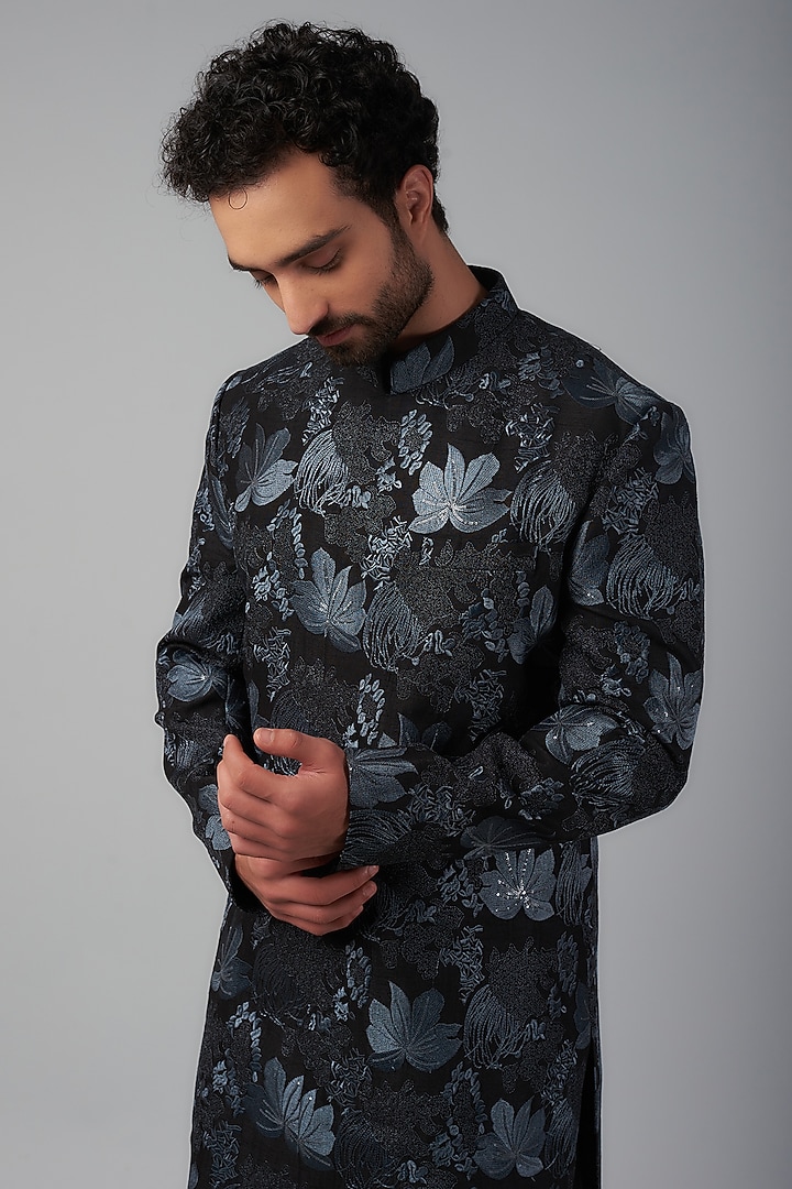 Black Suiting Fabric Thread Embroidered Nawabi Wedding Sherwani Set by Nero by Shaifali & Satya at Pernia's Pop Up Shop