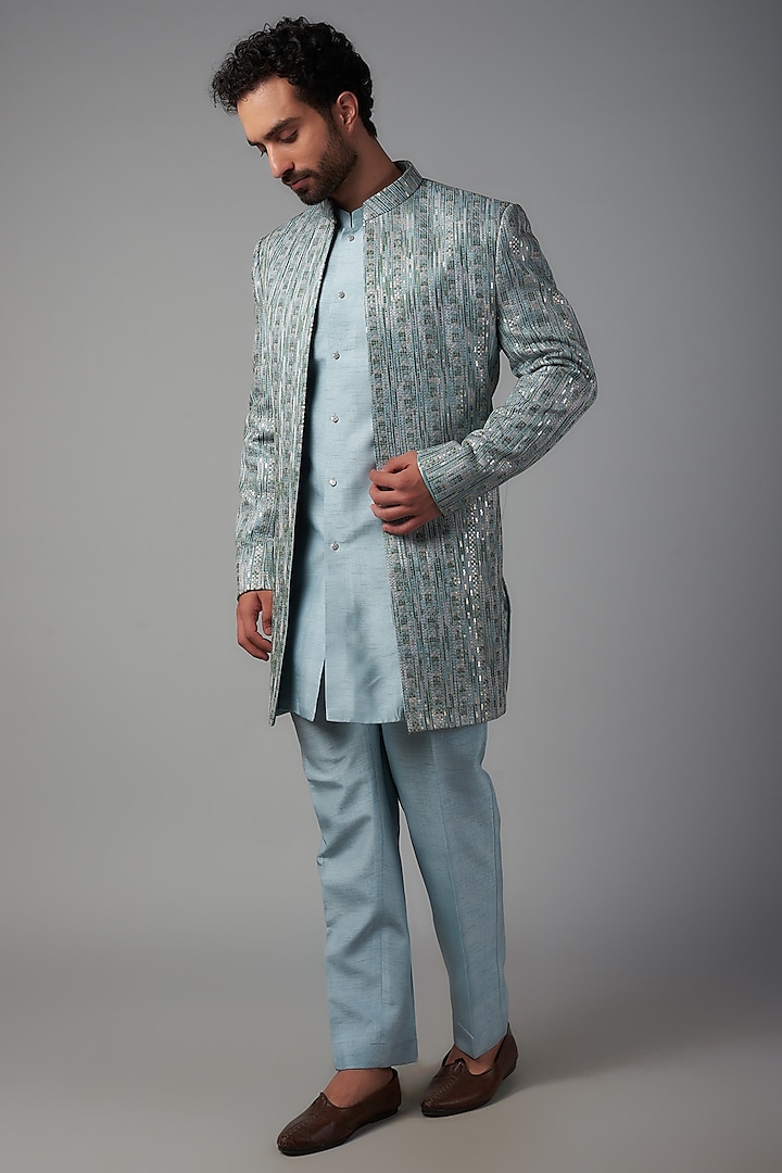 Grey Linen Thread Embroidered Indowestern Set by Nero by Shaifali & Satya