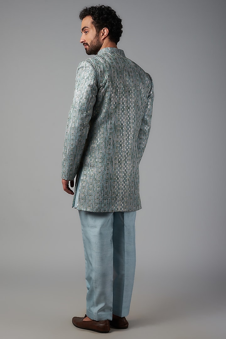 Grey Linen Thread Embroidered Wedding Indowestern Set by Nero by Shaifali & Satya at Pernia's Pop Up Shop