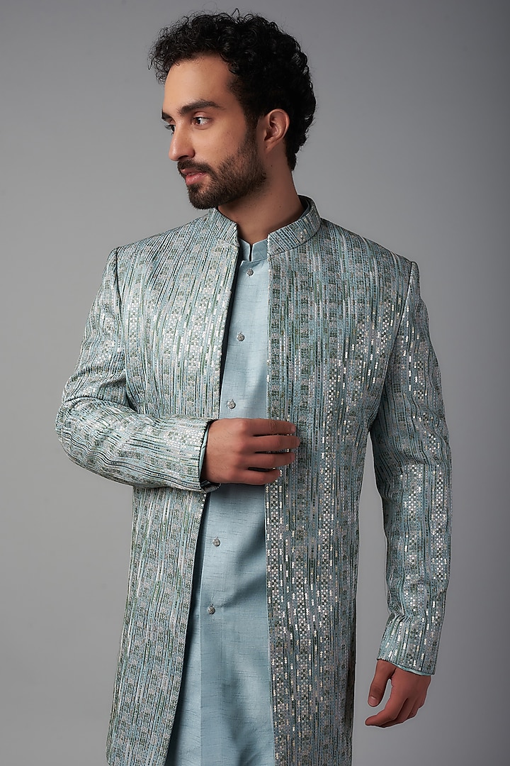 Grey Linen Thread Embroidered Wedding Indowestern Set by Nero by Shaifali & Satya at Pernia's Pop Up Shop