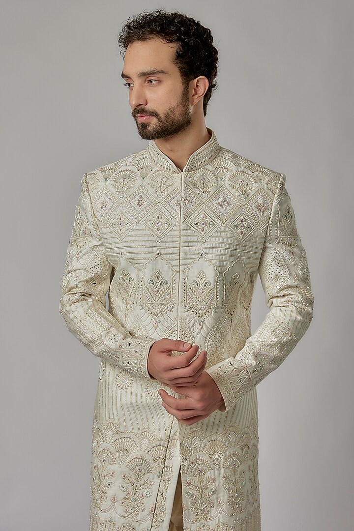 Ivory Dupion Silk Wedding Sherwani Set by Nero by Shaifali & Satya at Pernia's Pop Up Shop