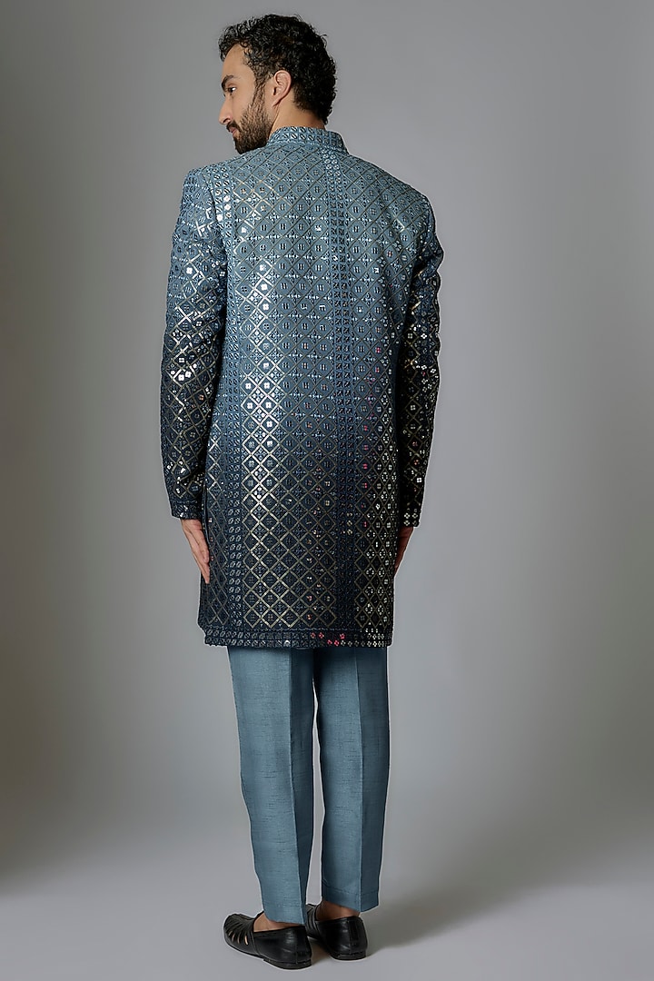 Grey Ombre Georgette Mirror Embroidered Wedding Indowestern Set by Nero by Shaifali & Satya at Pernia's Pop Up Shop