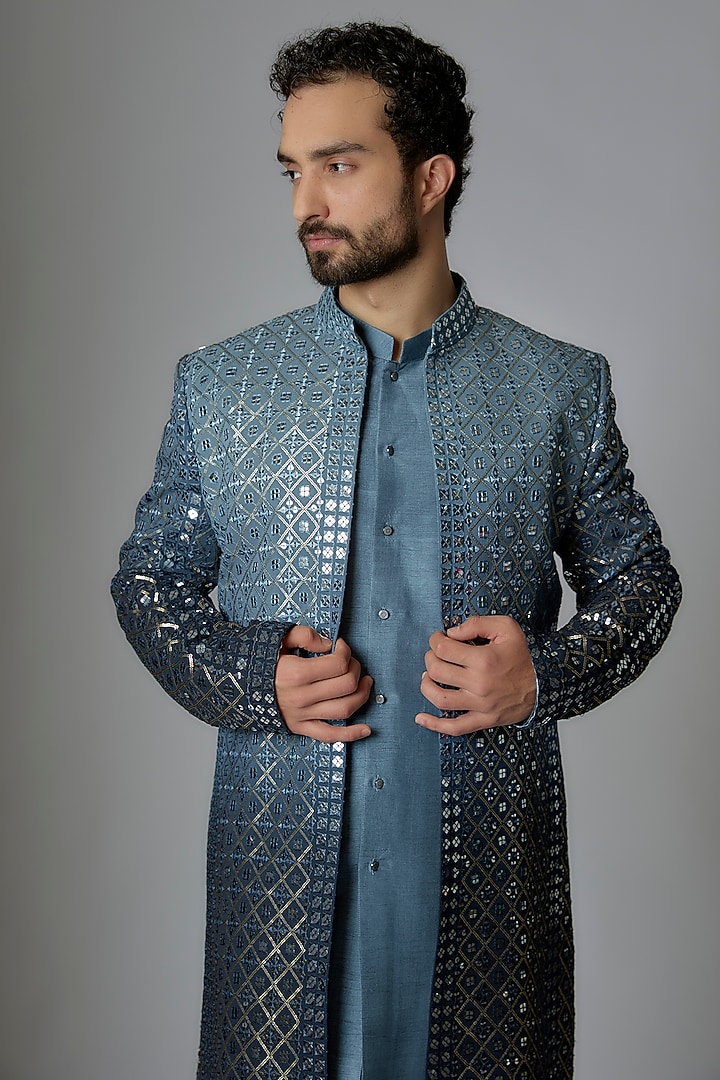 Grey Ombre Georgette Mirror Embroidered Wedding Indowestern Set by Nero by Shaifali & Satya at Pernia's Pop Up Shop