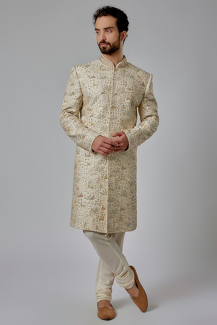 Ivory Dupion Silk Thread Embroidered Groom Sherwani Set by Nero by Shaifali & Satya at Pernia's Pop Up Shop