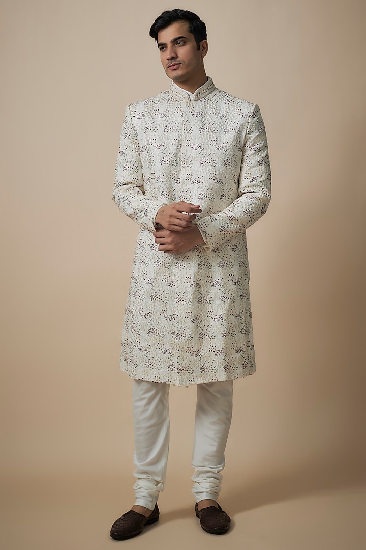 White Lucknowi Cutdana Embroidered Wedding Sherwani Set by Nero By Shaifali & Satya at Pernia's Pop Up Shop